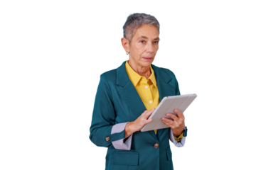 Mature businesswoman using a digital tablet for remote work, researching concepts, transparent background