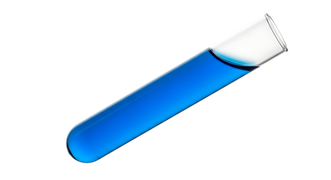 Clear glass test tube, filled with vibrant blue liquid tilted on a dark background, isolated on a white or transparent background, cutout, PNG