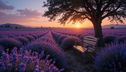 Scenic lavender field at sunset with a bench under a tree, tranquil nature landscape