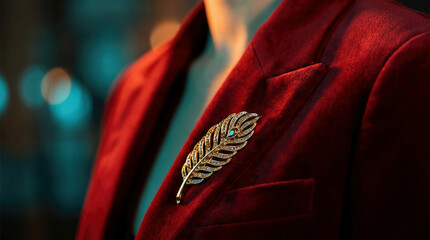 Red Velvet Blazer Gold Brooch Metallic Reflection Close Up Focus