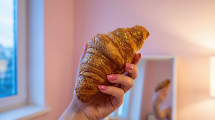 Manicured Hand Holding Gold Glitter Croissant Against Pink Wall