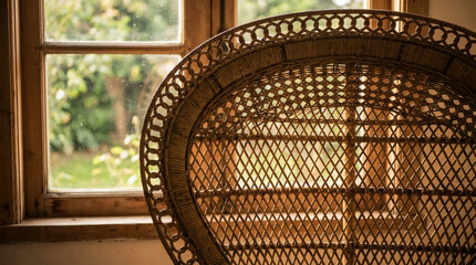 Rattan Peacock Chair Intricate Woven Structure By Window Silhouette