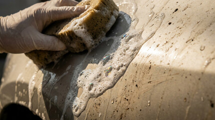 Car Washing With Sponge Soap Bubbles Sunlight Effect Visible