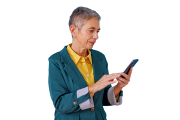 Senior businesswoman staying connected using smartphone for communication and technology on transparent background
