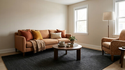 Living Room Design With Neutral Walls And Dark Rug Details Visible