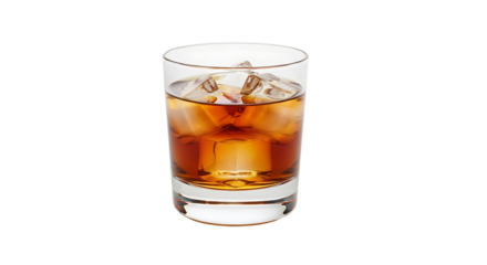 Amber colored whiskey, with ice cubes in a clear glass tumbler, isolated on a white or transparent background, cutout, PNG