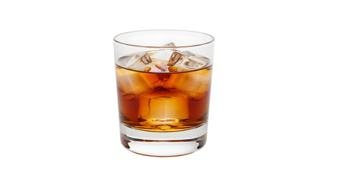 Amber colored whiskey, with ice cubes in a clear glass tumbler, isolated on a white or transparent background, cutout, PNG - Powered by Adobe