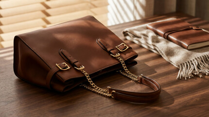 Brown Leather Handbag Gold Hardware Resting Wooden Table Shadow