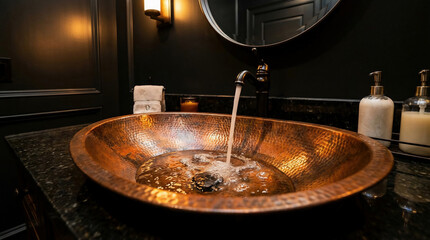 Obraz premium Copper Sink Water Flow Powder Room Dark Background Contrast Pop