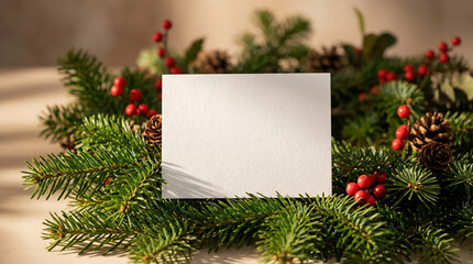 Card On Fir Branches Red Winterberries Elegant Shadows Background