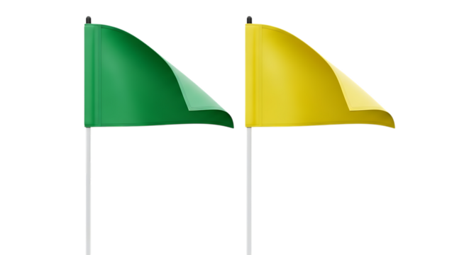 Two corner flags, one green and one yellow on white poles, isolated on a white or transparent background, cutout, PNG