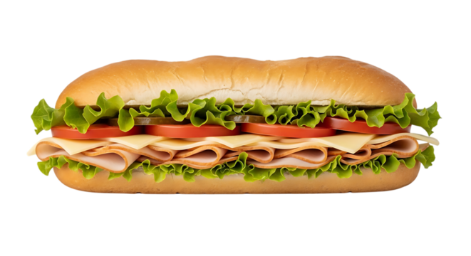 Long sandwich, with turkey ham cheese lettuce and tomato slices on a bun, isolated on a white or transparent background, cutout, PNG