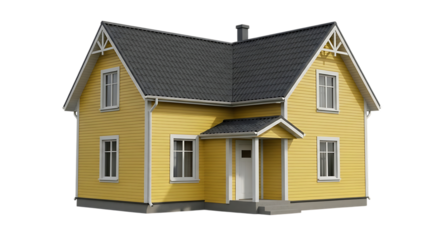 Yellow Two Story House, with Dark Gray Roof and White Trim, isolated on a white or transparent background, cutout, PNG