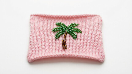Pink Knitted Fabric Swatch Beaded Palm Tree Design White Surface