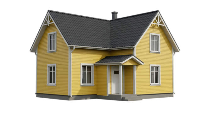 Yellow Two Story House, with Dark Gray Roof and White Trim, isolated on a white or transparent background, cutout, PNG