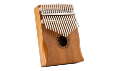 Wooden Kalimba Thumb Piano, with Metal Tines and Decorative Sound Hole, isolated on a white or transparent background, cutout, PNG