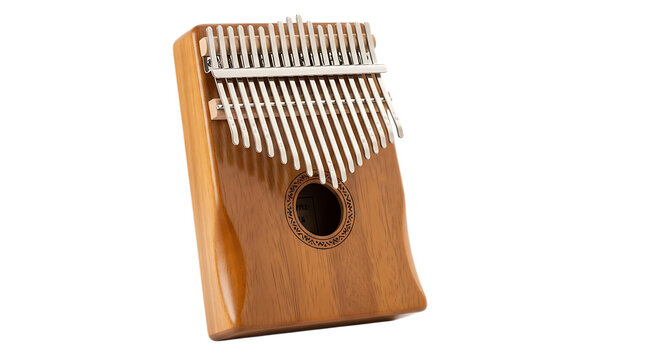 Wooden Kalimba Thumb Piano, with Metal Tines and Decorative Sound Hole, isolated on a white or transparent background, cutout, PNG