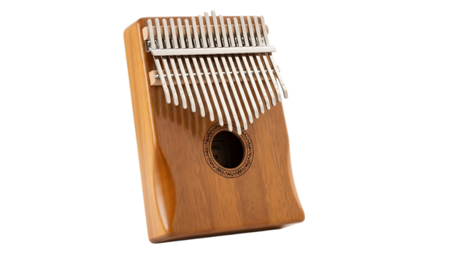 Wooden Kalimba Thumb Piano, with Metal Tines and Decorative Sound Hole, isolated on a white or transparent background, cutout, PNG
