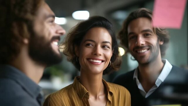 Multiethnic business team discussing ideas in modern office three quarter backs and side profiles cropped at cheekbones sticky notes on glass corporate collaboration diverse