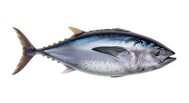 Whole Yellowfin Tuna Fish, with Blue and Silver Scales and Yellow Fins, isolated on a white or transparent background, cutout, PNG