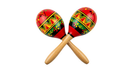 Two brightly colored wooden maracas, crossed with intricate floral and geometric patterns, isolated on a white or transparent background, cutout, PNG
