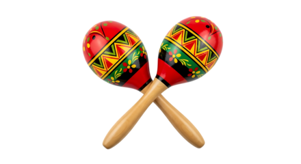 Two brightly colored wooden maracas, crossed with intricate floral and geometric patterns, isolated on a white or transparent background, cutout, PNG