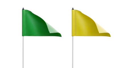 Two small corner flags, one green and one yellow, on white poles, isolated on a white or transparent background, cutout, PNG