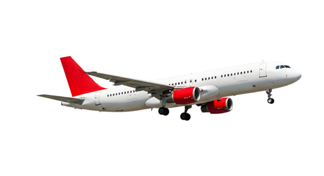 White passenger jet airplane, with red engine nacelles and tail fin in flight, isolated on a white or transparent background, cutout, PNG