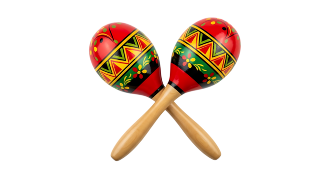 Two brightly colored wooden maracas, crossed with intricate floral and geometric patterns, isolated on a white or transparent background, cutout, PNG