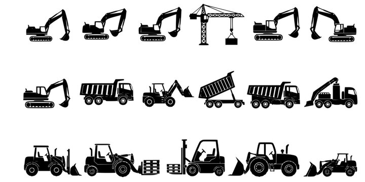 Silhouette construction machinery icons set with excavators, cranes, dump trucks, forklifts, tractors, loaders and industrial vehicles for building, engineering and heavy equipment design