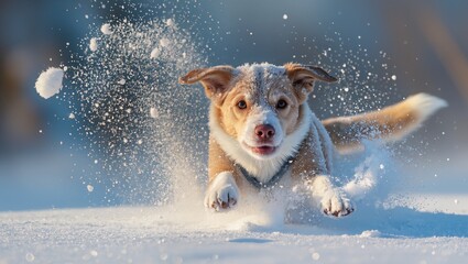 Close-up of a dog running through snow, leaping with flying snow, ears up and focused, blurred winter forest background, capturing an active winter walk with a dog