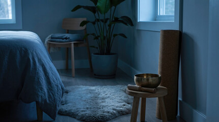 Yoga Corner Meditation Setup Blue Hour Interior Scene Visible