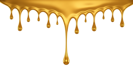 Molten Gold Liquid, dripping and forming drops, isolated on a white or transparent background, cutout, PNG
