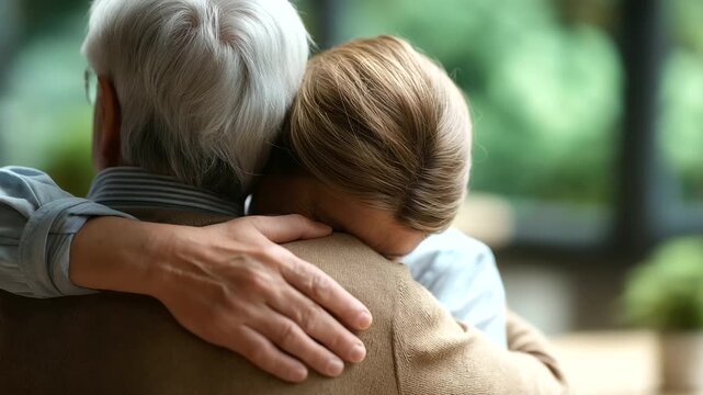 Adult daughter embracing senior father from behind tight crop of hug hands and shoulders heads partially obscured intergenerational love faceless no visible faces family car