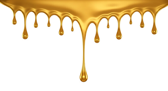 Molten Gold Liquid, dripping and forming drops, isolated on a white or transparent background, cutout, PNG