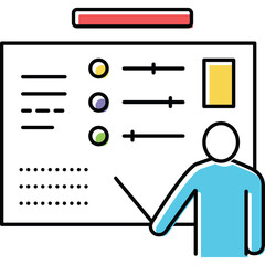 Stylized illustration of a person presenting information on a whiteboard with colorful circles and sliders indicating progress or options in a clean visual format with a red and yellow header accent