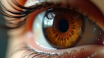 A close-up macro shot of a deep brown iris with amber highlights, showing natural patterns, depth, and light reflections. AI-crafted visual blending realism and art.