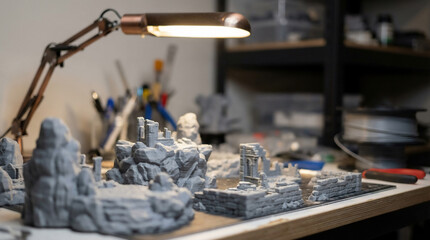 Tabletop Terrain Models On Workshop Table Blurred Background