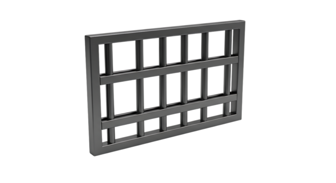 Metallic prison bars, with a three-tier horizontal structure and vertical bars, isolated on a white or transparent background, cutout, PNG