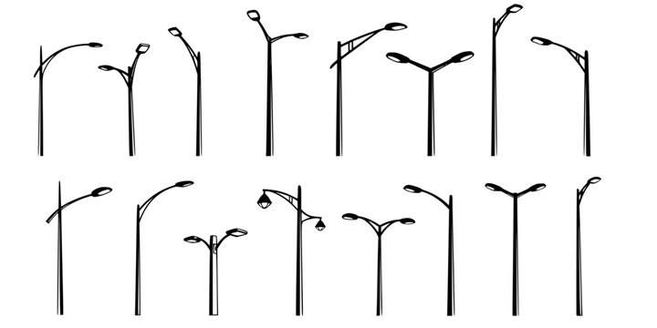 Streetlight silhouette collection, dual arm lamp post designs, urban lighting illustration, modern city pole artwork, outdoor night architecture elements