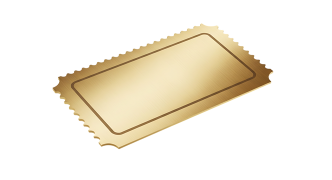 Metallic gold ticket, with serrated edges and embossed border, isolated on a white or transparent background, cutout, PNG