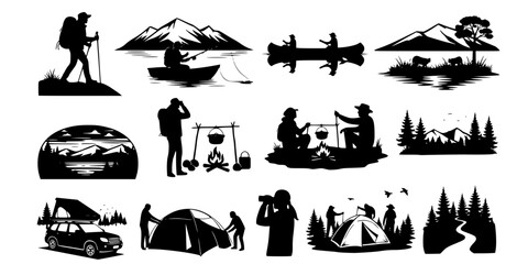 Camping adventure silhouette set, hiking, fishing, canoeing, campfire cooking, wilderness exploration, outdoor travel, tent setup, nature activities, forest journey
