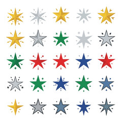Collection of Colorful Star Icons with Sparkle Effects.