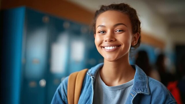 Confident female student looking at camera composed stance head cropped at eyes locker or classroom bokeh academic pride faceless no visible faces high school with copy spa