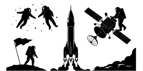 Black and white space exploration silhouettes of astronauts floating, planting flags, operating satellite, and a rocket launching in space