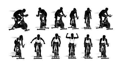 Indoor Cycling Silhouettes – Stationary Bike Workout, Spin Class Poses, Gym Cardio Training, Fitness Exercise Vector Illustration Set