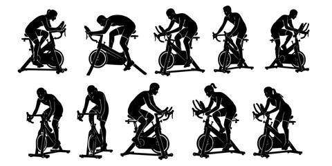 Indoor Cycling Silhouettes – Stationary Bike Workout, Spin Class Poses, Gym Cardio Training, Fitness Exercise Vector Illustration Set