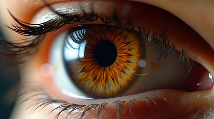 Extreme macro view of a warm brown-amber iris, revealing fine textures, fibers, and reflective details. AI-generated image highlighting the art and science of the human eye.