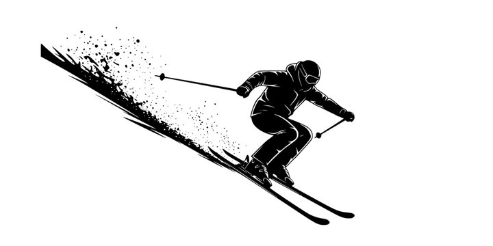Dynamic skiing silhouette, skier in motion, winter sports action, alpine skiing, extreme sport, ski poles, downhill skiing, snow adventure.