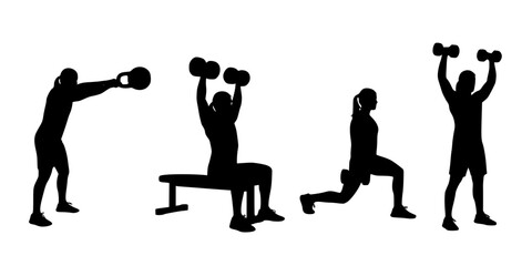 Four exercise silhouettes — kettlebell swing, seated dumbbell shoulder press, lunge with dumbbell, standing dumbbell shoulder press, fitness training illustration set 